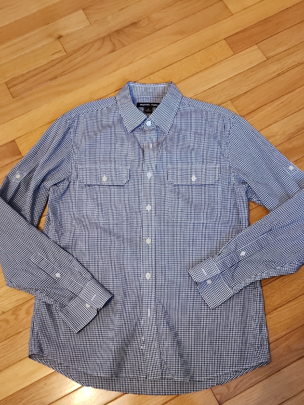 Michael Kors Navy Blue and White Gingham Button-Down Shirt